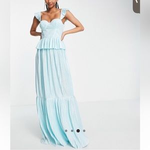 ASOS DESIGN Tall corset detail pleated tiered maxi dress in dusty blue